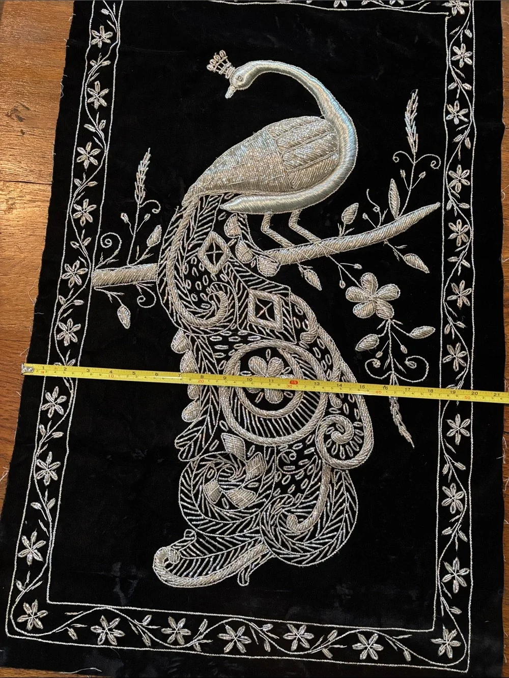 Embroidered Peacock Wall Hanging in Silver on Black